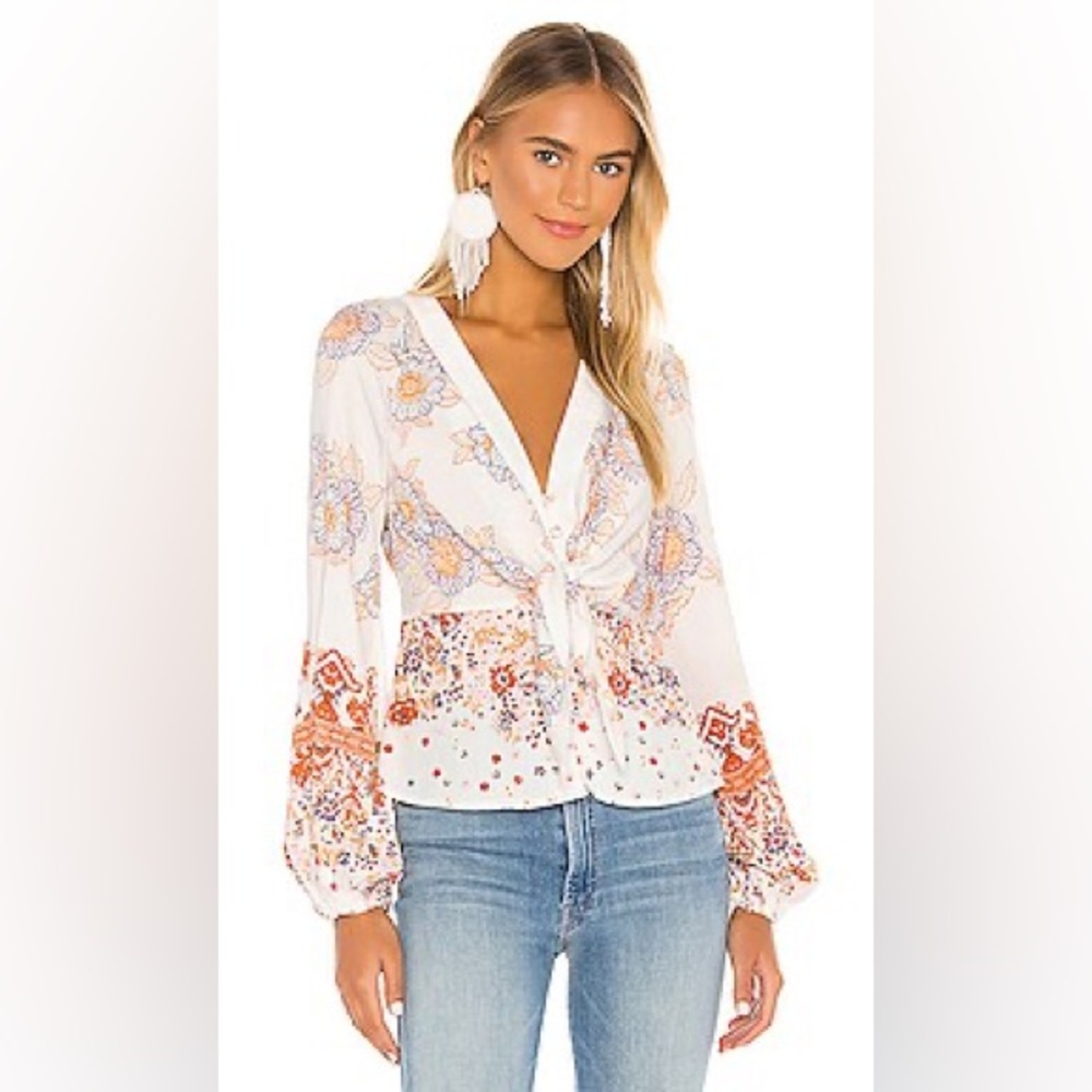 FREE PEOPLE White Floral Mix Print Boho Tie-Front Blouse (M)